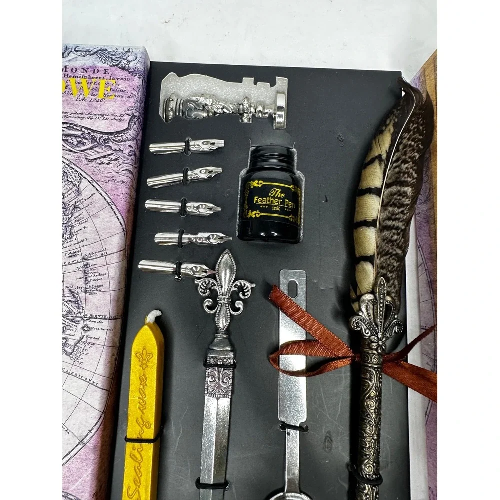 Calligraphy Set Feather Quill Dip Pen Ink 17 Nibs Wax Stamp Letter Opener